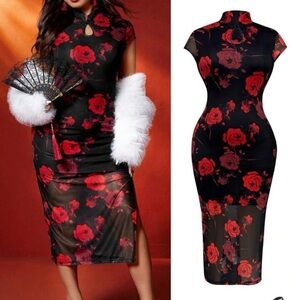 Elegant Black and Red Floral Dress